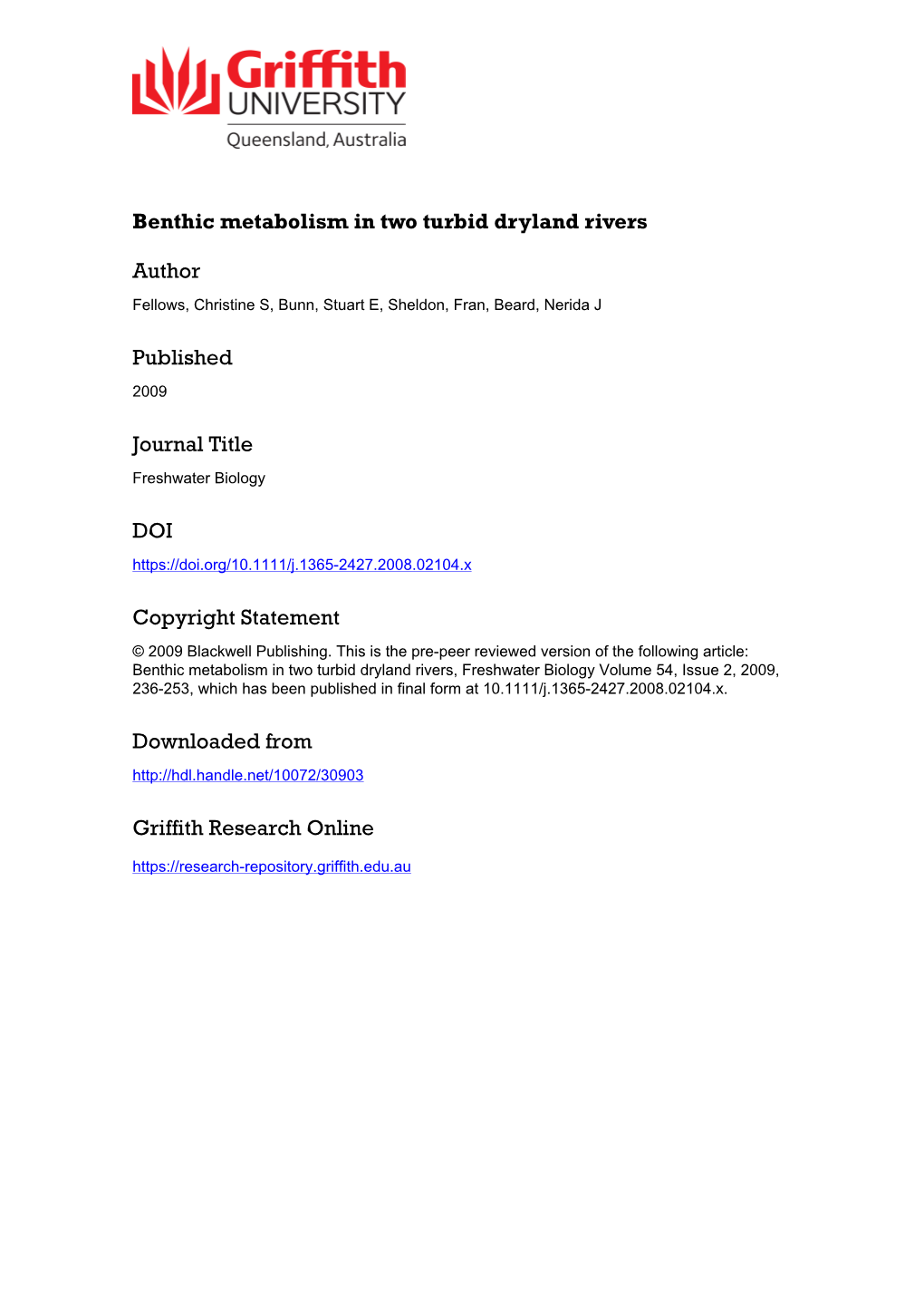 Benthic Metabolism in Two Turbid Dryland Rivers