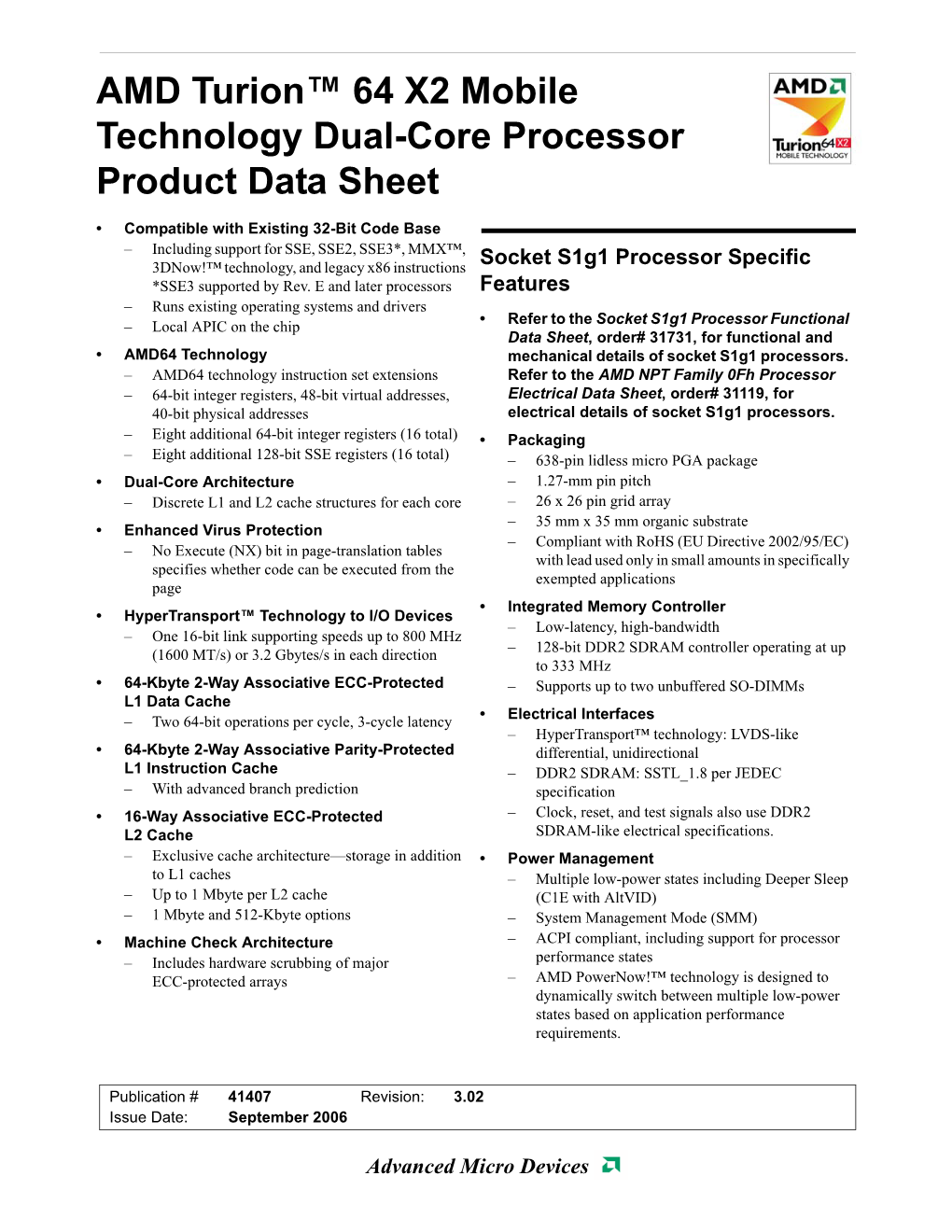 AMD Turion 64 Mobile Technology Product Data Sheet