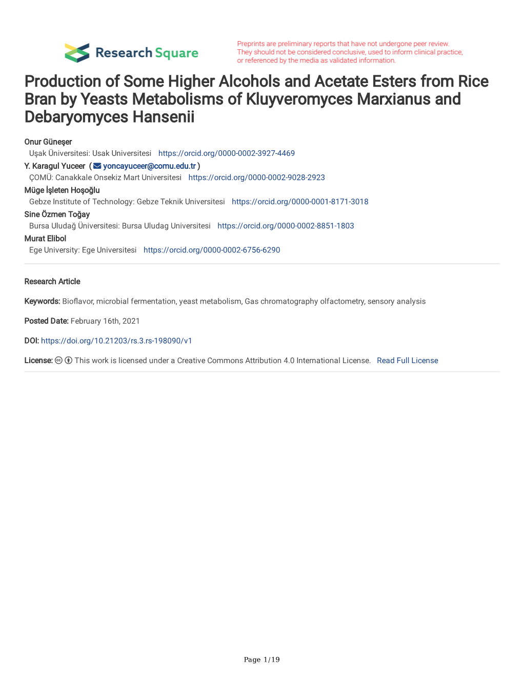 Production of Some Higher Alcohols and Acetate Esters from Rice Bran by Yeasts Metabolisms of Kluyveromyces Marxianus and Debaryomyces Hansenii