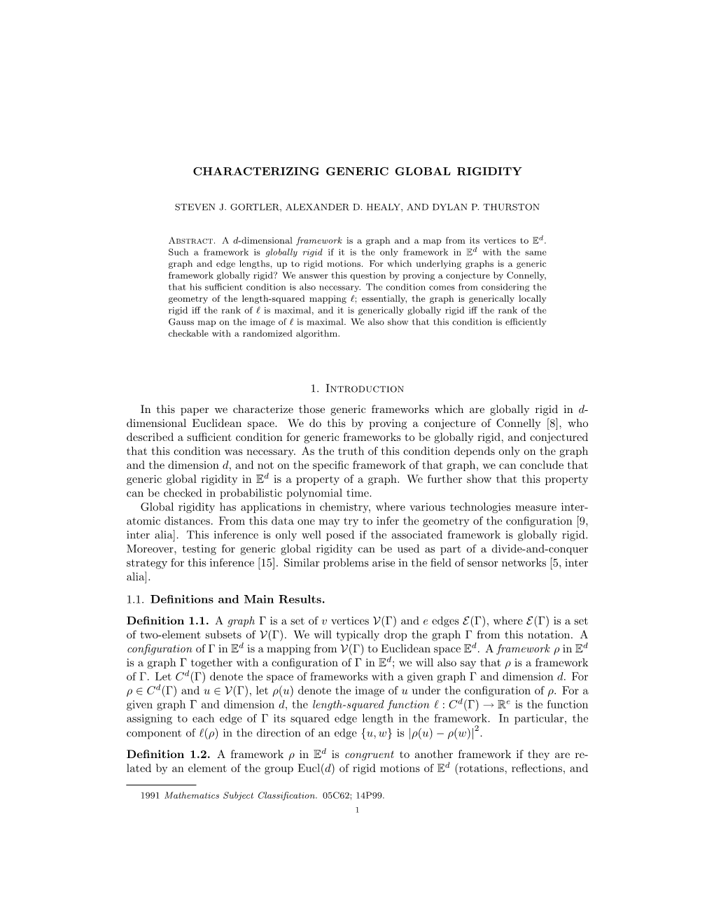 CHARACTERIZING GENERIC GLOBAL RIGIDITY 1. Introduction In