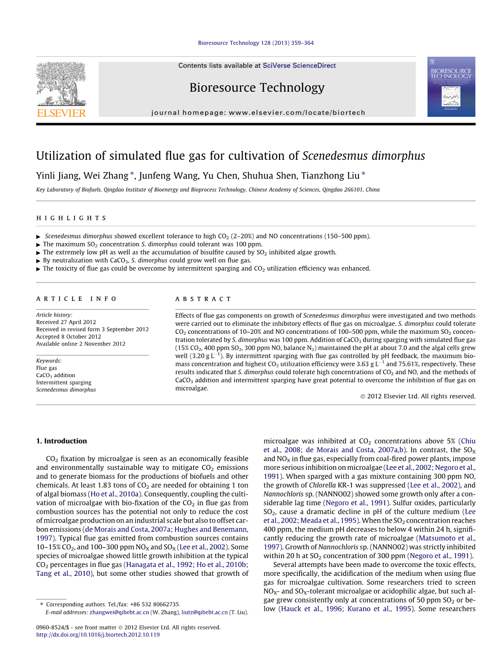 Utilization of Simulated Flue Gas for Cultivation of Scenedesmus