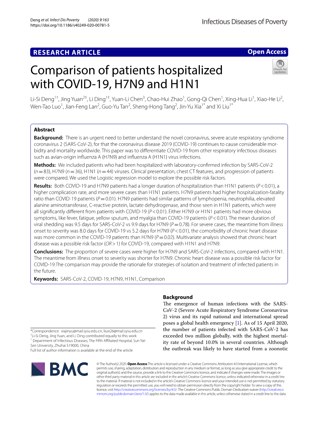 Comparison of Patients Hospitalized with COVID-19, H7N9 and H1N1