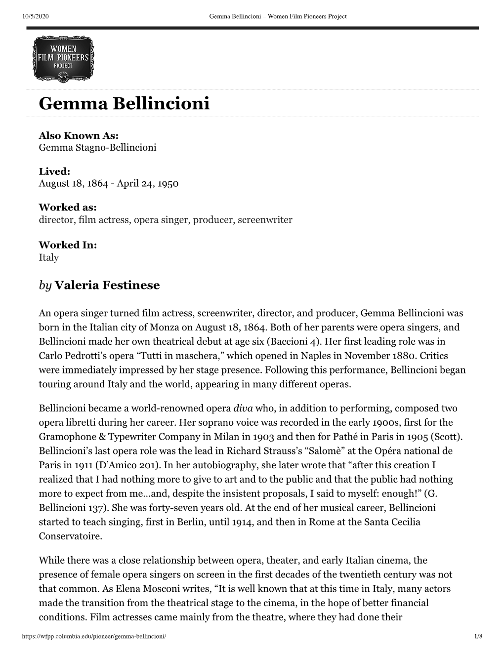 Gemma Bellincioni – Women Film Pioneers Project
