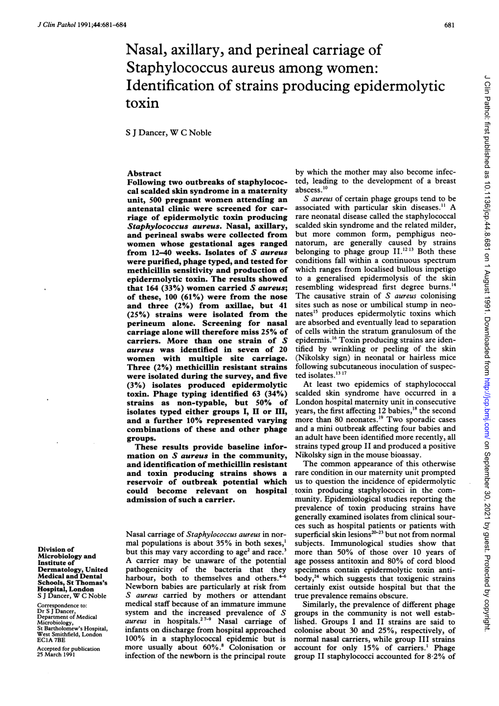 Nasal, Axillary, and Perineal Carriage of Staphylococcus Aureus Among