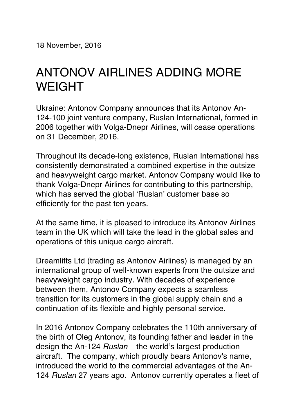 Antonov Airlines Adding More Weight
