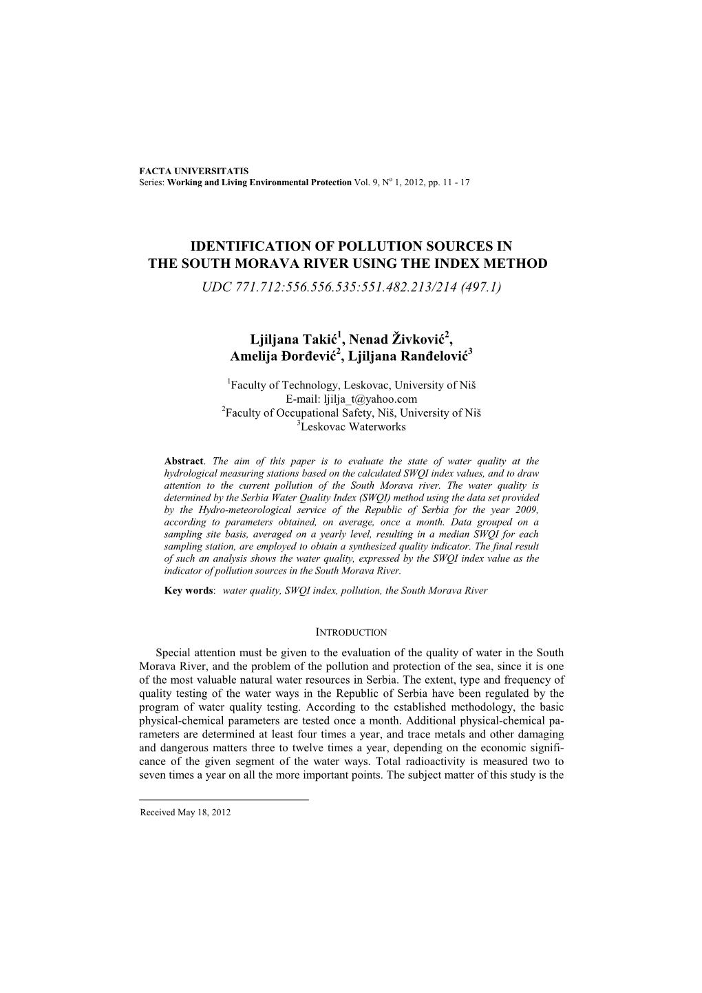 Identification of Pollution Sources in the South Morava River Using the Index Method  Udc 771.712:556.556.535:551.482.213/214 (497.1)