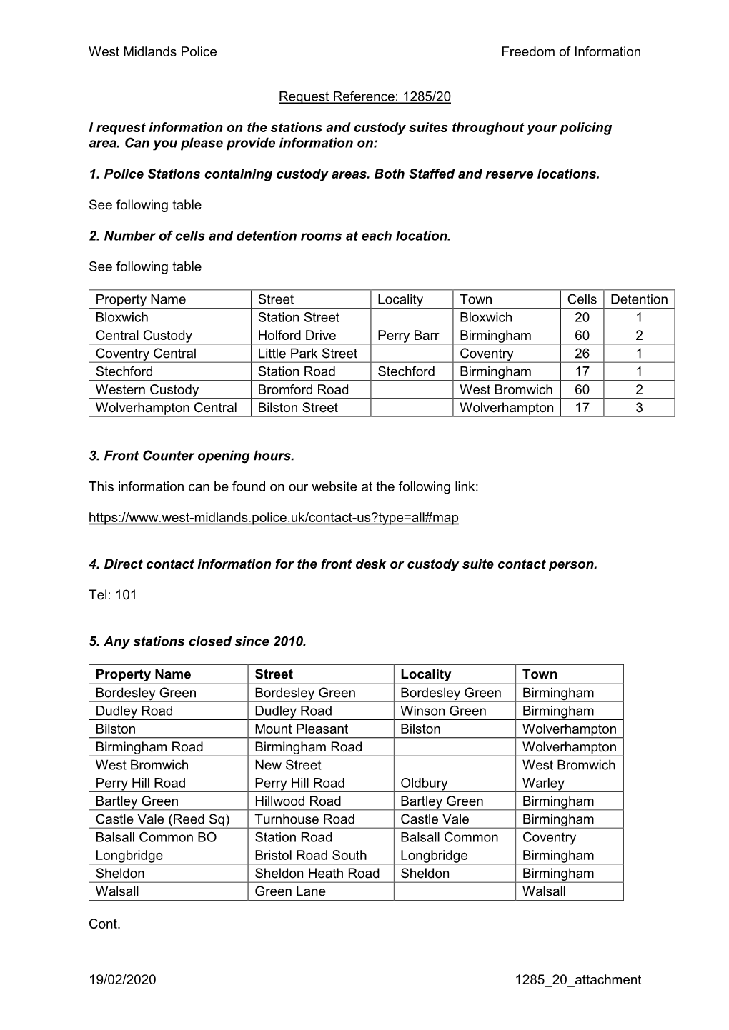 West Midlands Police Freedom of Information 19/02/2020