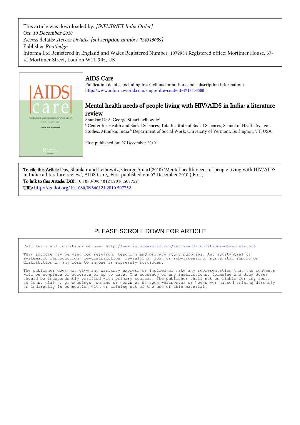 AIDS Care Mental Health Needs Of