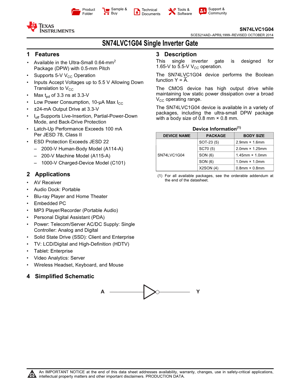 SN74LVC1G04 Single Inverter Gate Datasheet (Rev