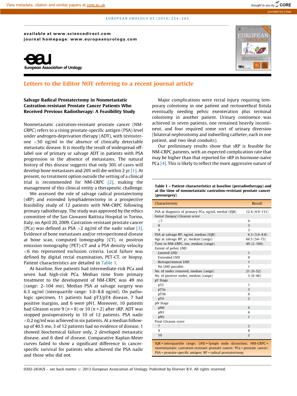 Salvage Radical Prostatectomy in Nonmetastatic Castration