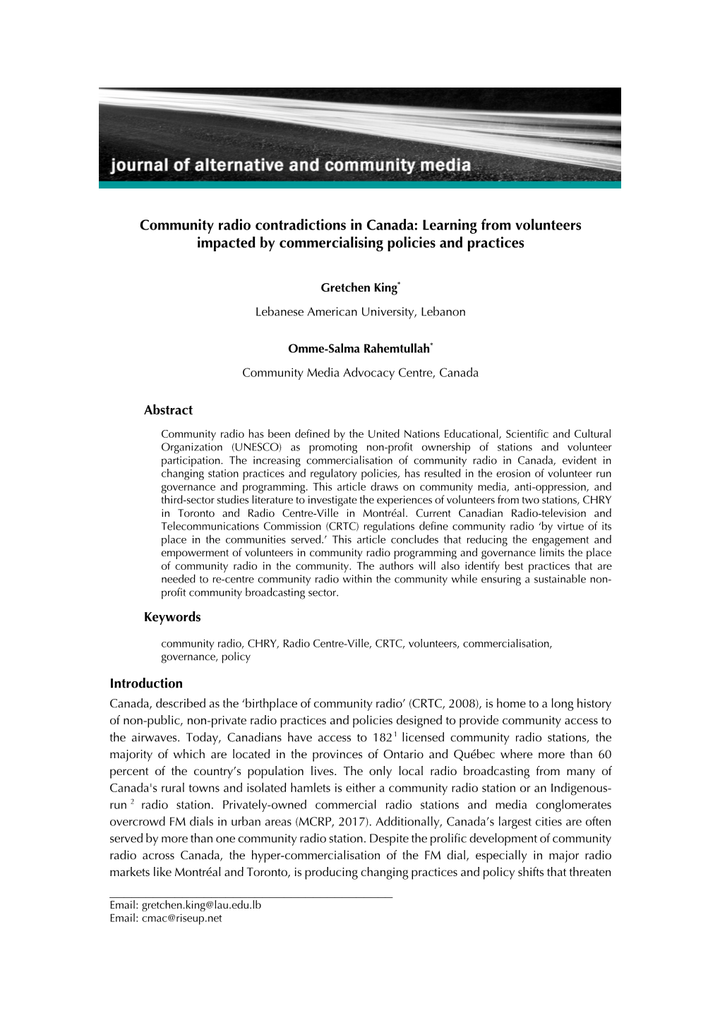 Community Radio Contradictions in Canada: Learning from Volunteers Impacted by Commercialising Policies and Practices