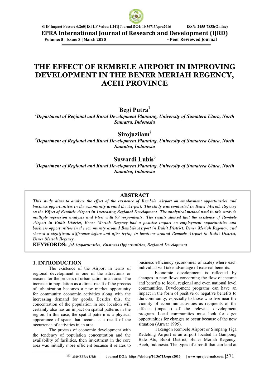 The Effect of Rembele Airport in Improving Development in the Bener Meriah Regency, Aceh Province