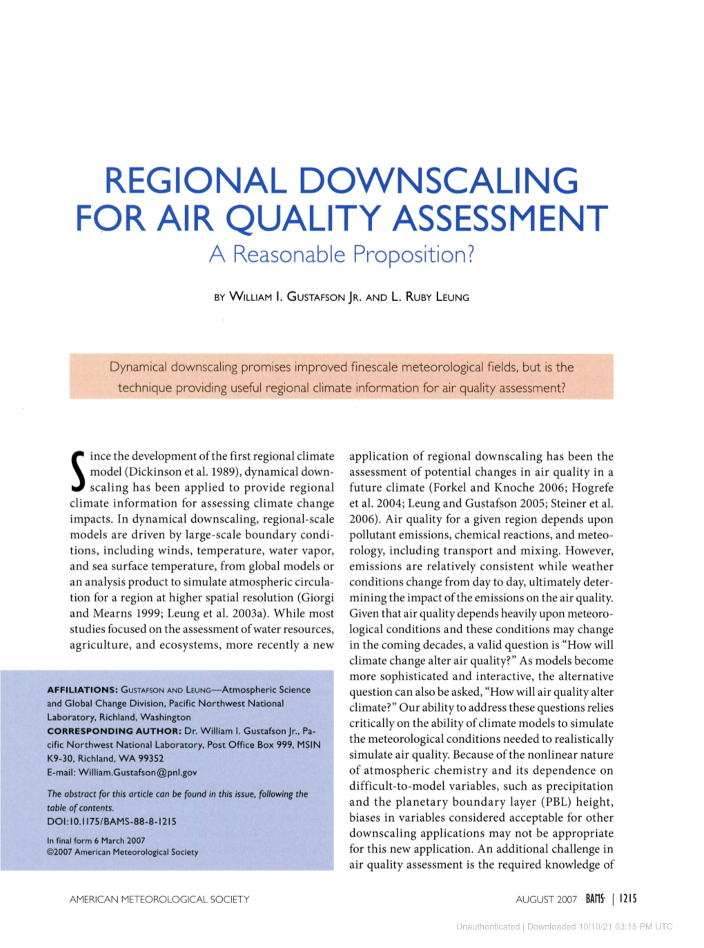 REGIONAL DOWNSCALING for AIR QUALITY ASSESSMENT a Reasonable Proposition?