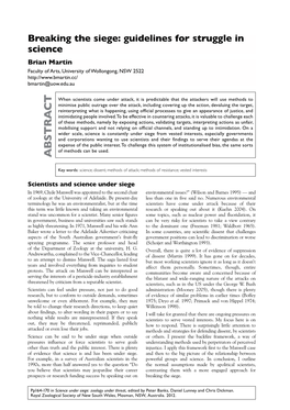 Breaking the Siege: Guidelines for Struggle in Science Brian Martin Faculty of Arts, University of Wollongong, NSW 2522 Bmartin@Uow.Edu.Au