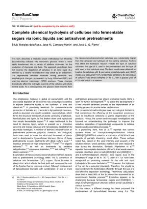 Complete Chemical Hydrolysis of Cellulose Into Fermentable Sugars Via Ionic Liquids and Antisolvent Pretreatments