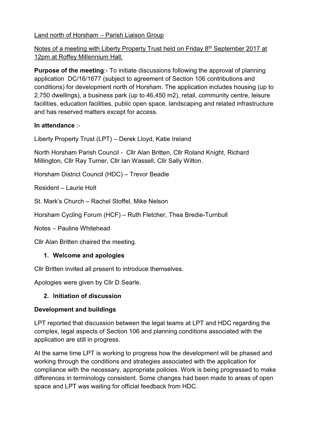 Land North of Horsham – Parish Liaison Group Notes of a Meeting