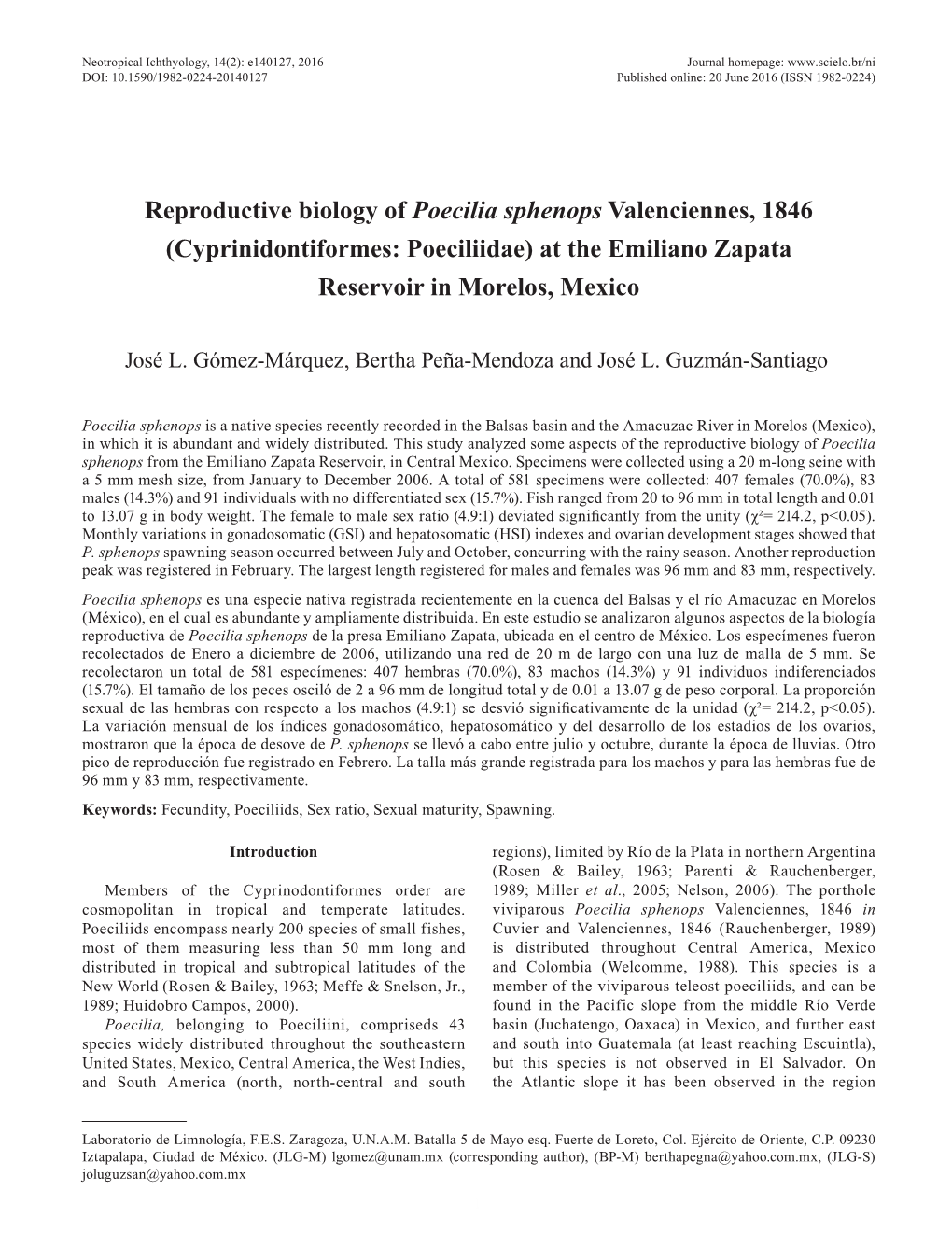 Reproductive Biology of Poecilia Sphenops Valenciennes, 1846 (Cyprinidontiformes: Poeciliidae) at the Emiliano Zapata Reservoir in Morelos, Mexico
