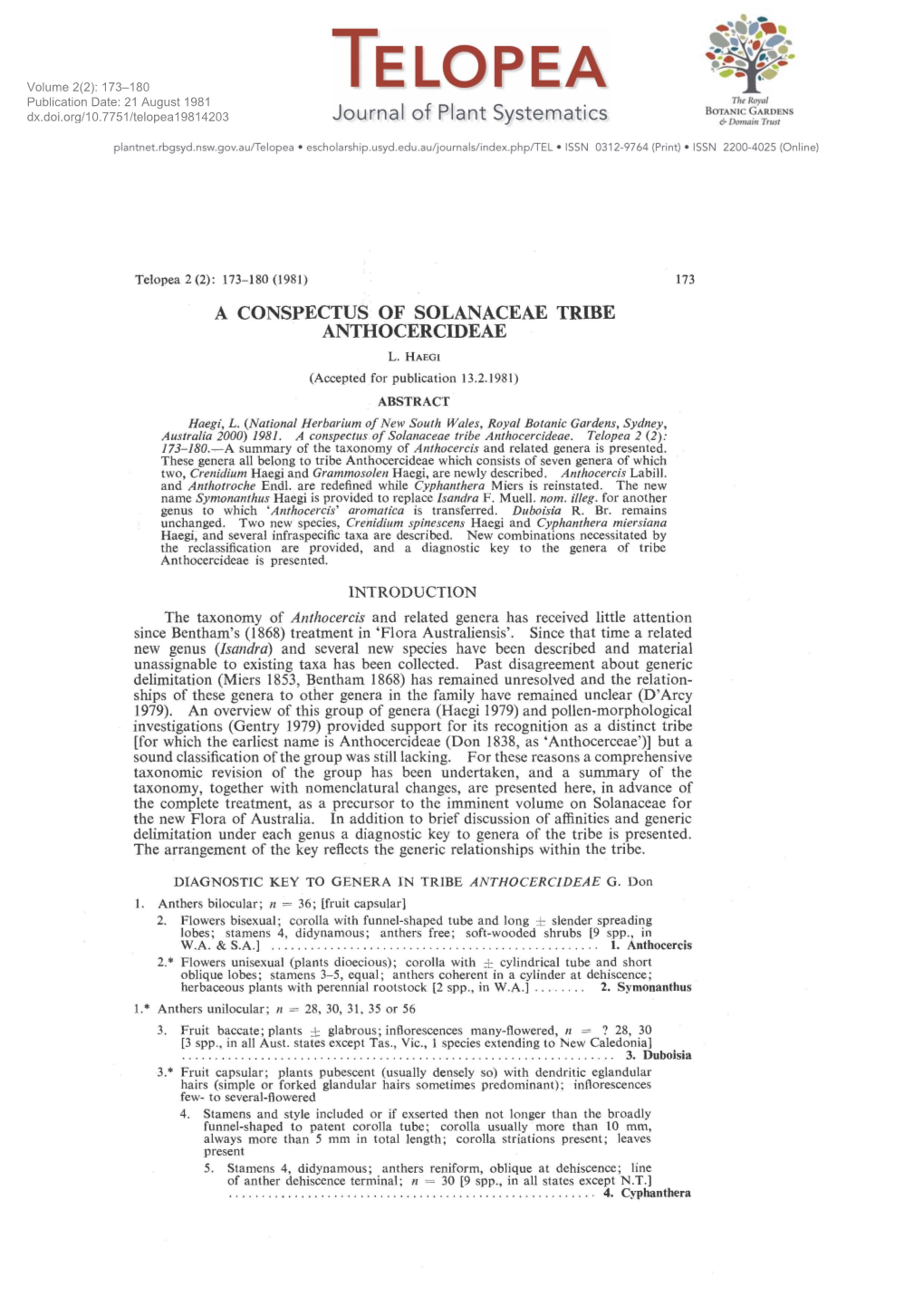 TELOPEA Publication Date: 21 August 1981 T".Ro),Al BOTANIC GARDENS Dx.Doi.Org/10.7751/Telopea19814203 Journal of Plant Systematics 6 DOPII(Lipi Tm St