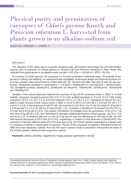Physical Purity and Germination of Caryopses of Chloris Gayana Kunth and Panicum Coloratum L