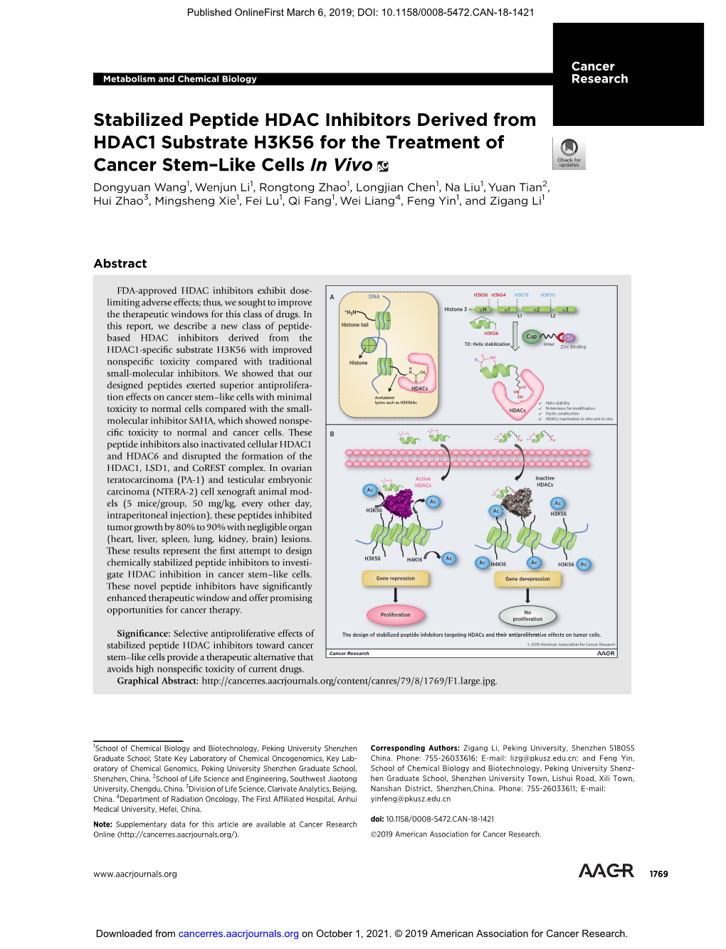 Stabilized Peptide HDAC Inhibitors Derived from HDAC1 Substrate