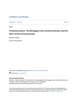 Protecting Status: the Mortgage Crisis, Eminent Domain, and the Ethic of the Homeownership