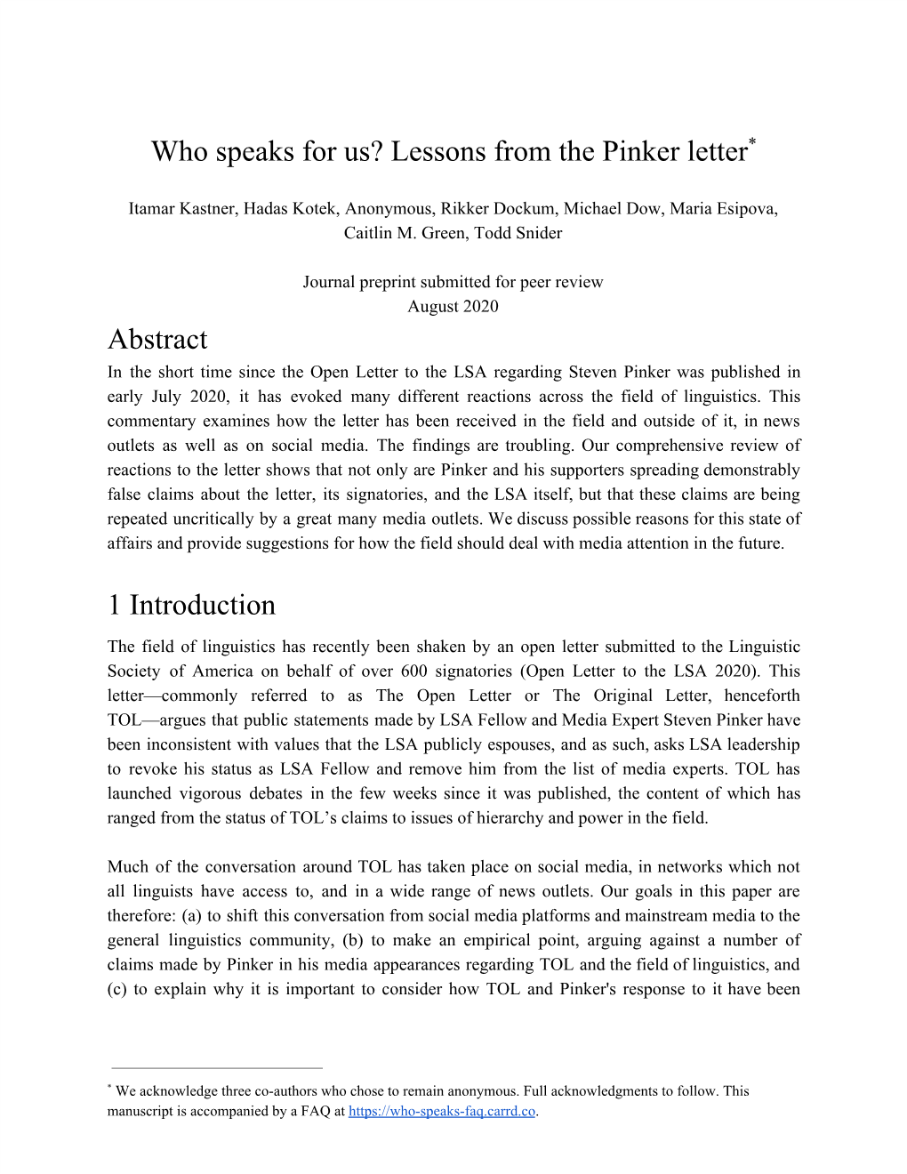 Who Speaks for Us? Lessons from the Pinker Letter​* Abstract 1 Introduction