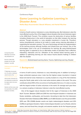Game Learning to Optimize Learning in Disaster Area Raﬁka Bayu Kusumandari, Basuki Wibawa, and Hartati Muchtar