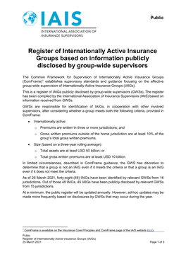 Register of Internationally Active Insurance Groups Based on Information Publicly Disclosed by Group-Wide Supervisors