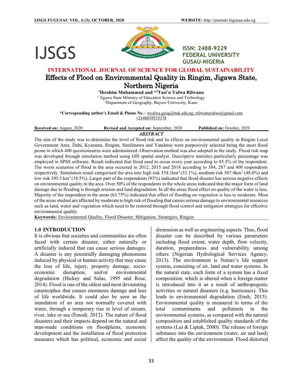 Effects of Flood on Environmental Quality in Ringim, Jigawa State