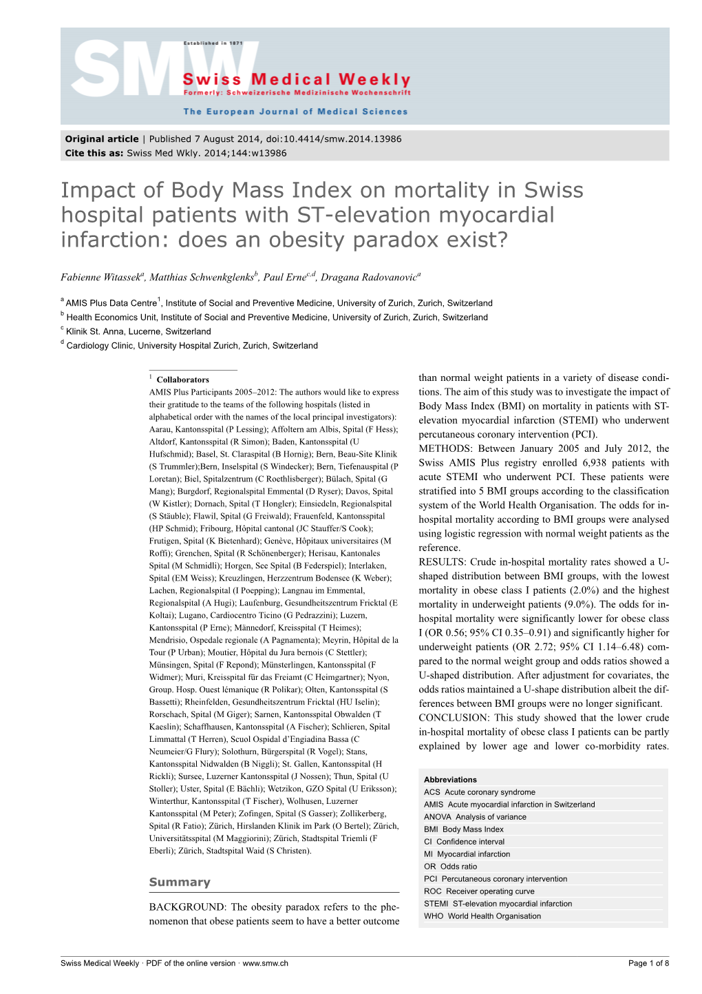 Impact of Body Mass Index on Mortality in Swiss Hospital Patients with ST-Elevation Myocardial Infarction: Does an Obesity Paradox Exist?