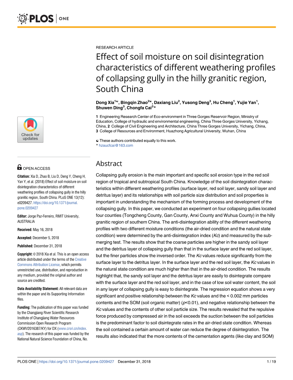 Effect of Soil Moisture on Soil Disintegration Characteristics of Different Weathering Profiles of Collapsing Gully in the Hilly Granitic Region, South China