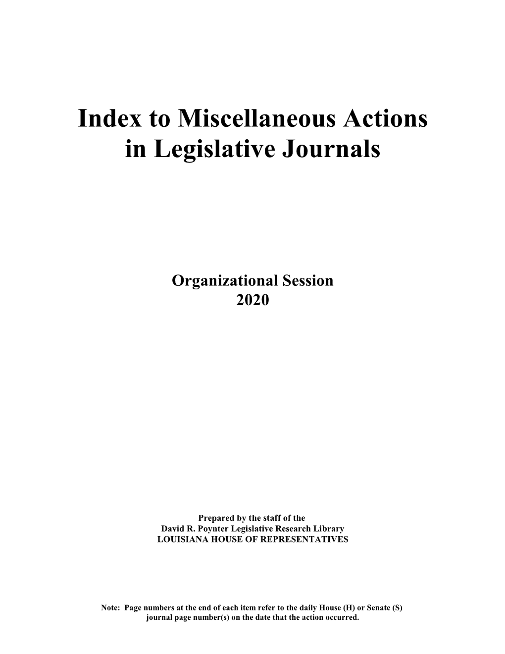 Index to Miscellaneous Actions in Legislative Journals