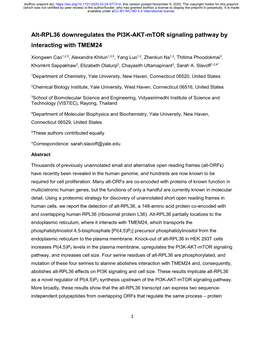 Alt-RPL36 Downregulates the PI3K-AKT-Mtor Signaling Pathway by Interacting with TMEM24