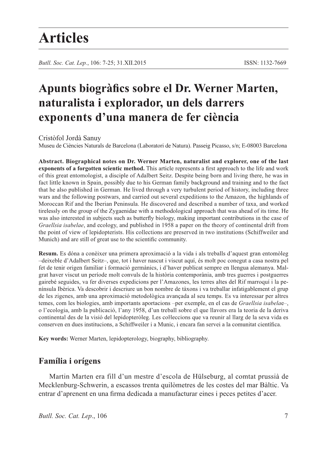 Apunts Biogràfics Sobre El Dr. Werner Marten, Naturalista I Explorador, Un Dels Darrers Exponents D’Una Manera De Fer Ciència