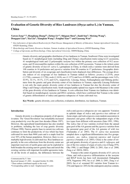 Evaluation of Genetic Diversity of Rice Landraces (Oryza Sativa L.) in Yunnan, China