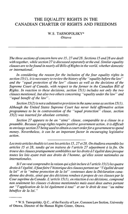 The Equality Rights in the Canadian Charter of Rights and Freedoms