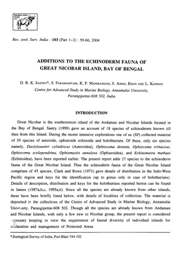 Additions to the Echinoderm Fauna of Great Nicobar Island, Bay of Bengal
