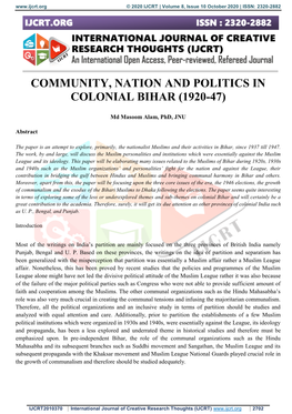 Community, Nation and Politics in Colonial Bihar (1920-47)