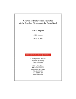 Counsel to the Special Committee of the Board of Directors of the Fiesta Bowl