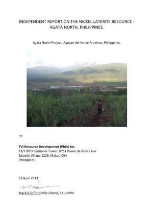 Independent Report on the Nickel Laterite Resource - Agata North, Philippines