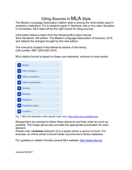 Citing Sources in MLA Style the Modern Language Association Citation Style Is Among the Most Widely Used in Academic Institutions