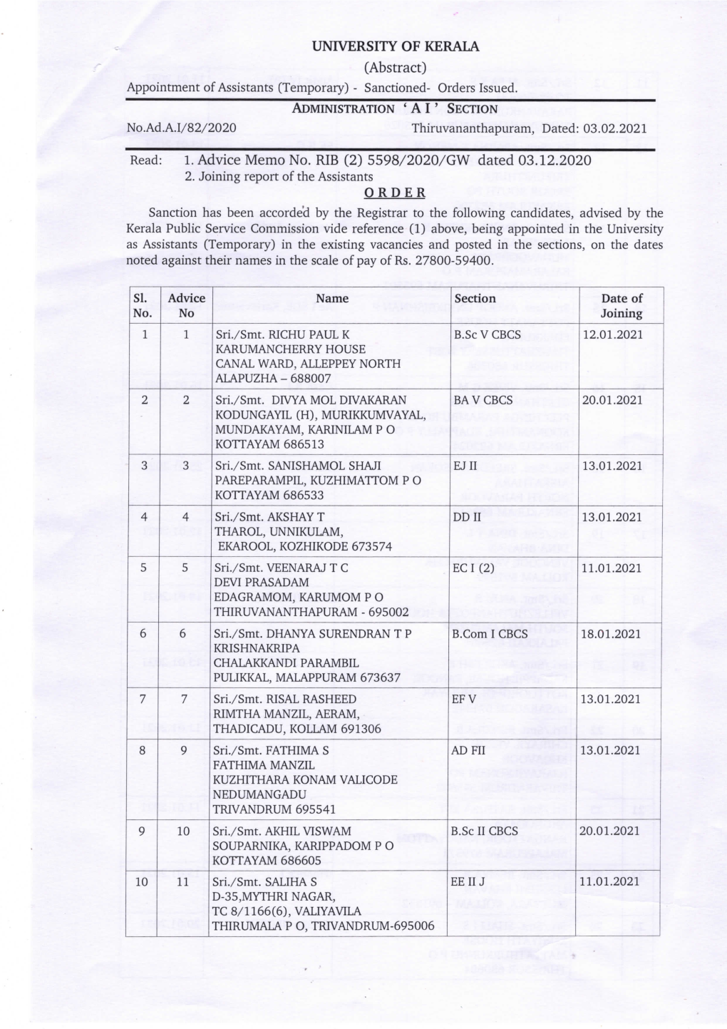 UNIVERSITY of KERALA (Abstract) Appointment of Assistants (Temporary) - Sanctioned- Orders Issued