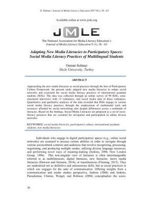 Adapting New Media Literacies to Participatory Spaces: Social Media Literacy Practices of Multilingual Students