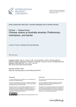 Chinese Visitors at Australia Wineries: Preferences, Motivations, and Barriers