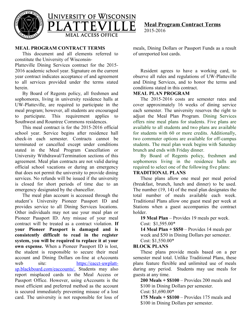 Meal Program Contract Terms 2003-2004