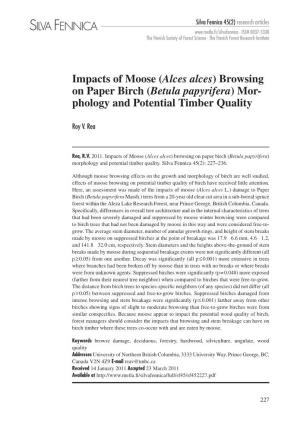 Impacts of Moose (Alces Alces) Browsing on Paper Birch (Betula Papyrifera) Mor- Phology and Potential Timber Quality