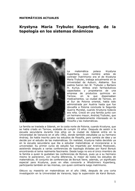 Krystyna Maria Trybulec Kuperberg, De La Topología En Los Sistemas Dinámicos
