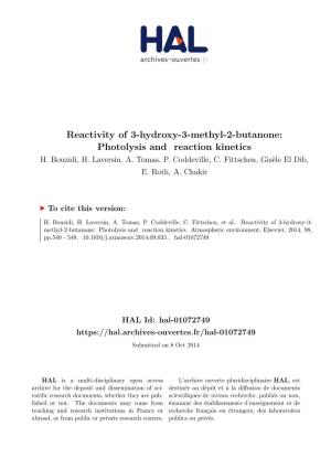 Reactivity of 3-Hydroxy-3-Methyl-2-Butanone: Photolysis and Reaction Kinetics H