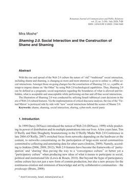 Mira Moshe* Shaming 2.0. Social Interaction and the Construction Of