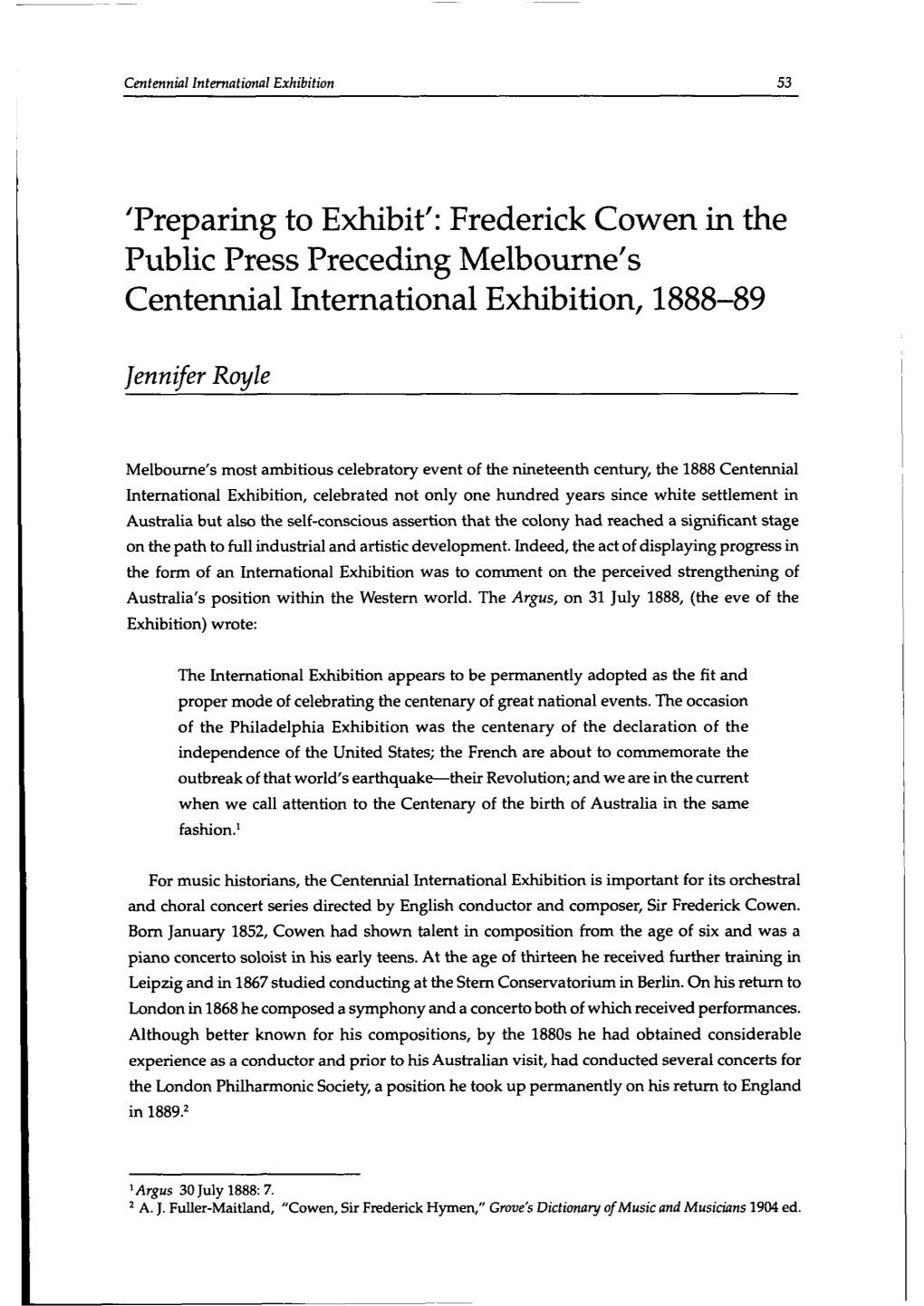 Frederick Cowen in the Public Press Preceding Melbourne's Centennial International Exhibition, 1888-89